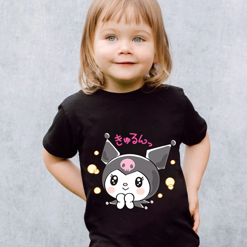 Sanrio Kuromi kids t-shirt puro cotone a maniche corte nero top cartoon abbigliamento per bambini per ragazze