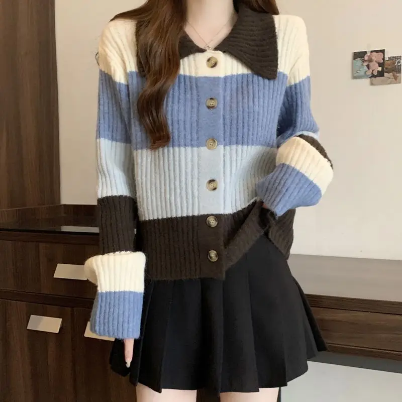 Knitted Sweater Color Block Striped Polo Collar Autumn And Winter New Large Size Women'S Versatile Slimming Tops For Women