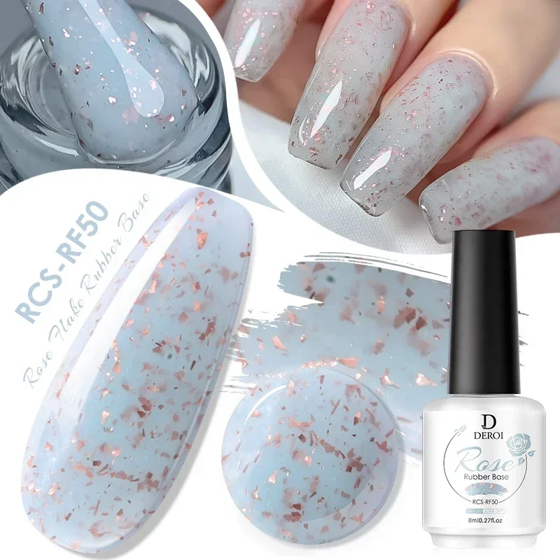 DEROI Rubber Base Gel Polish Manicure Nude Pink Sequins UV LED Semi Permanent Varnish Glitter Nail Polish Soak Off for Nail Art