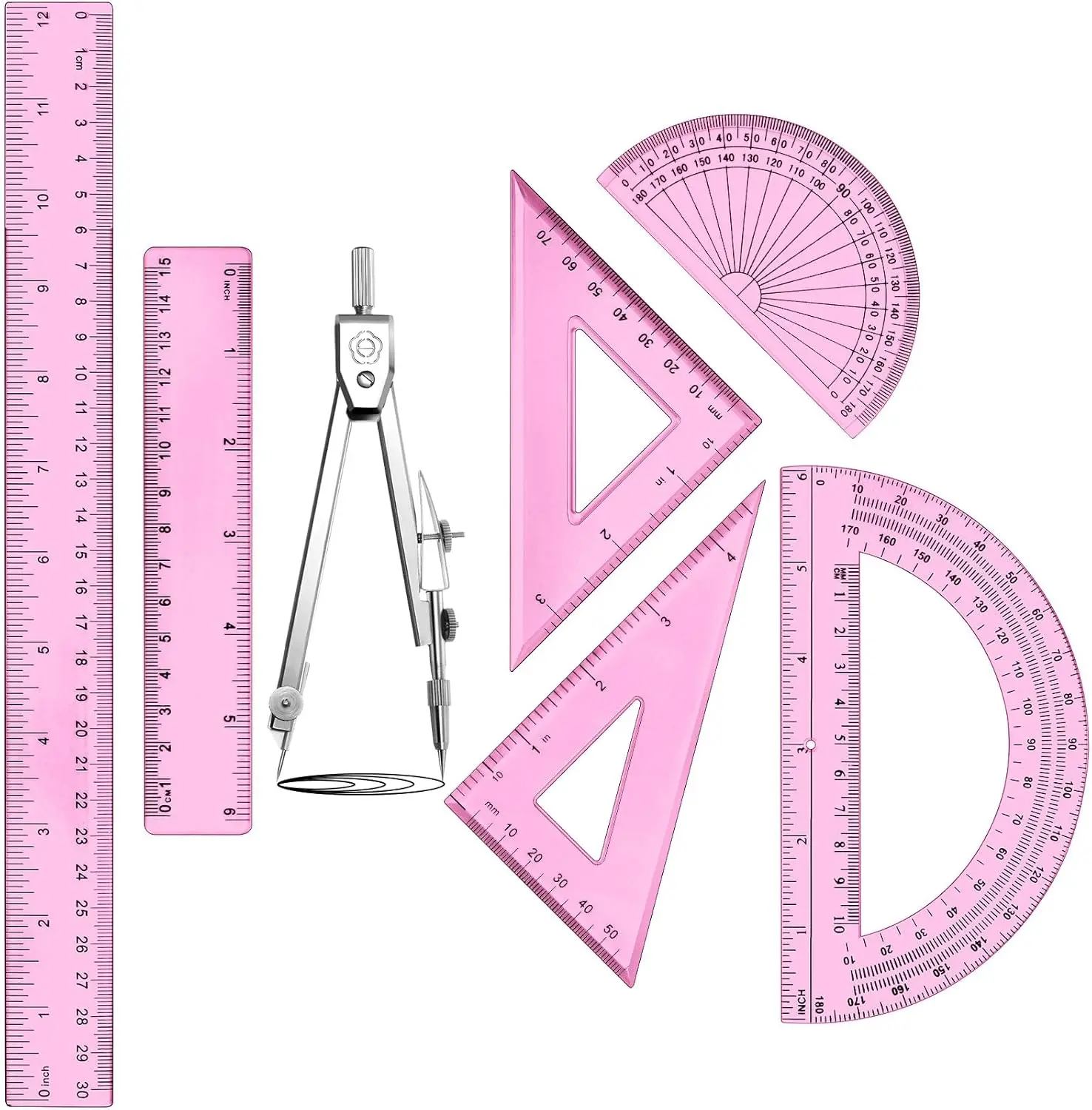 

Pink Plastic Geometry Math Set with Compass, 2 Protractors, 2 Triangle Rulers, 2 Straight Rulers for Students & Professionals