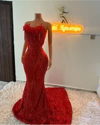 Skinny Red Mermaic Prom Dresses 2025 Black Girl Luxury Beaded Crystal Sleeveless Evening Birthday Party Gowns Customized