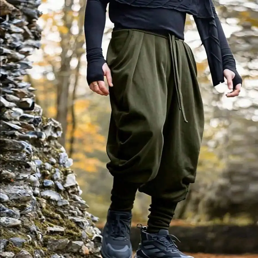 Men's Black Polyester  Pants, Loose Harem Style With Elastic Waist & Drawstring, Casual Streetwear Trousers