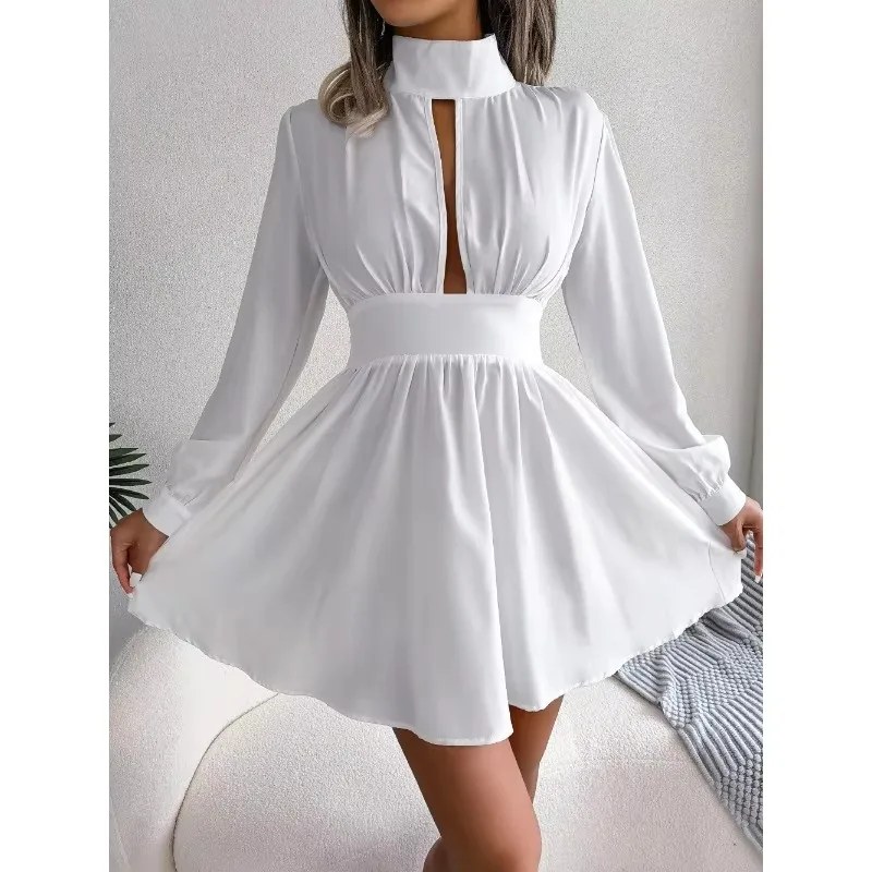 Neue Frauen Elegante Wrap Kleid Frühling Sommer Einfarbig Aushöhlen Langarm EINE Linie Kleid frauen Kleidung