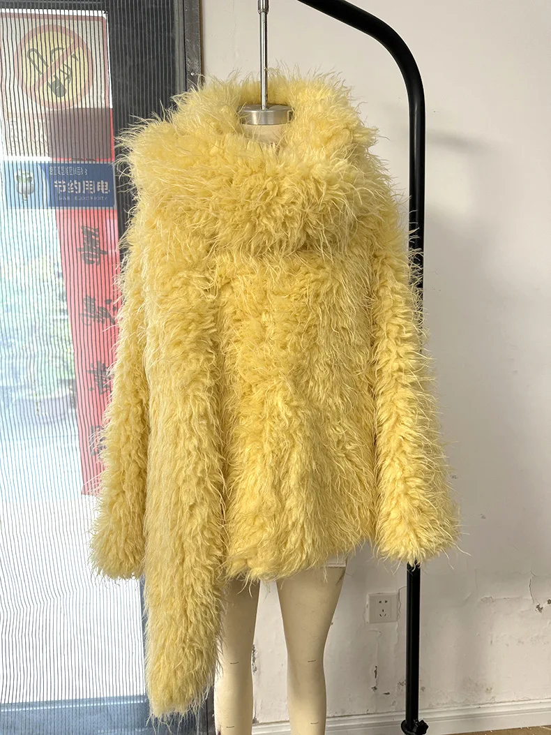 Faux Fur Coats Women Solid Fur Jacket Oversize Scarf Round Neck Long Sleeve Open Stitch Thick Warm Fur Casual 2025 Autumn Winter