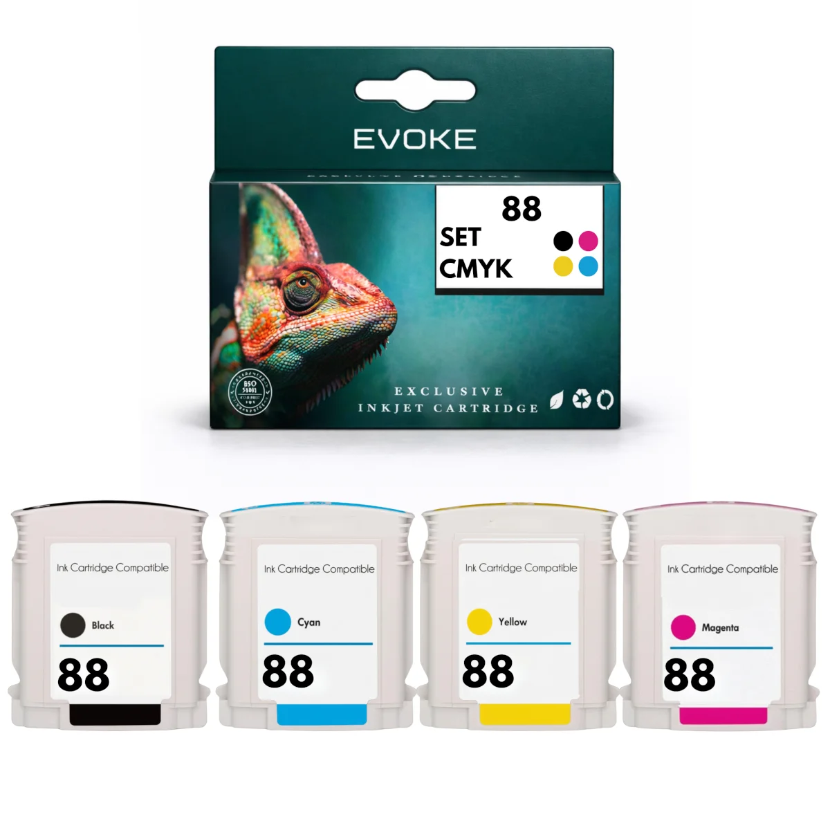 Evoke Compatibele Inkt voor Hp 88 Hp88 4X Cmyk: Zwart, Cyaan, Magenta, Geel 153 ml Officejet Pro K5400 K550 K8600 L7480 L7500 L7580 L7590 L7600 L7680 L7700 L7780