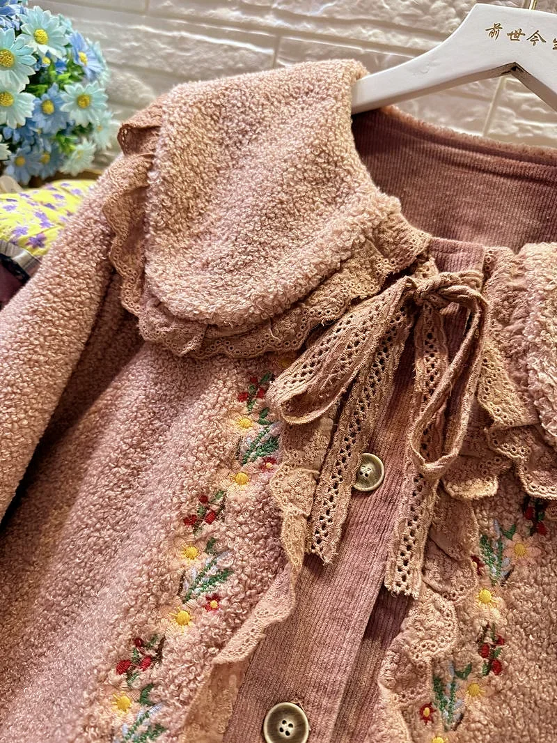 Women Winter Sweet Fleece Cotton Liner Corduroy Patchwork Lace Coat Vintage Mori Girl Cottage Core Floral Embroidery Pink Jacket