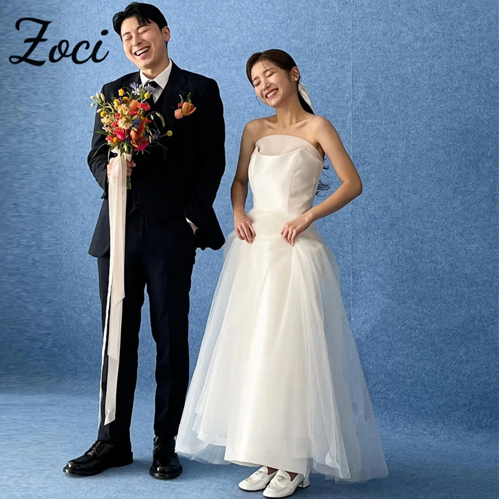 

Zoci Simple Strapless Korea A Line Wedding Dresses Satin Organza Customized Photos Shoot Dress Corset Floor-Length Bridal Gown