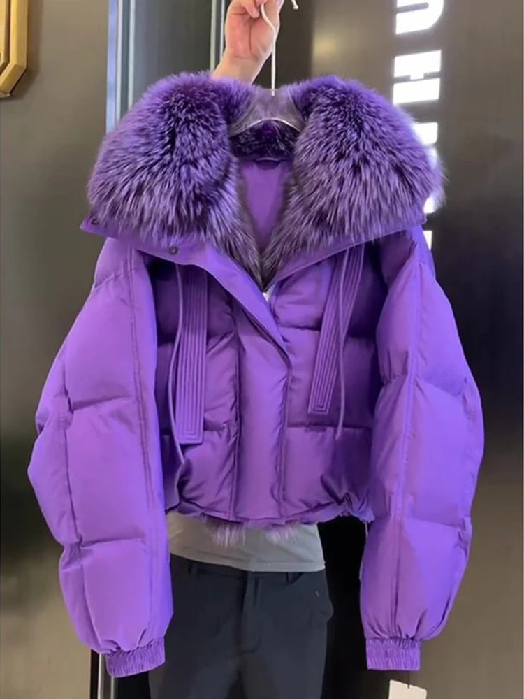 

Elegant Purple Fur Collar Thickened Cotton Jacket Women's Winter Outerwear Compact Size Commute Style Long Sleeve Zipper Closure