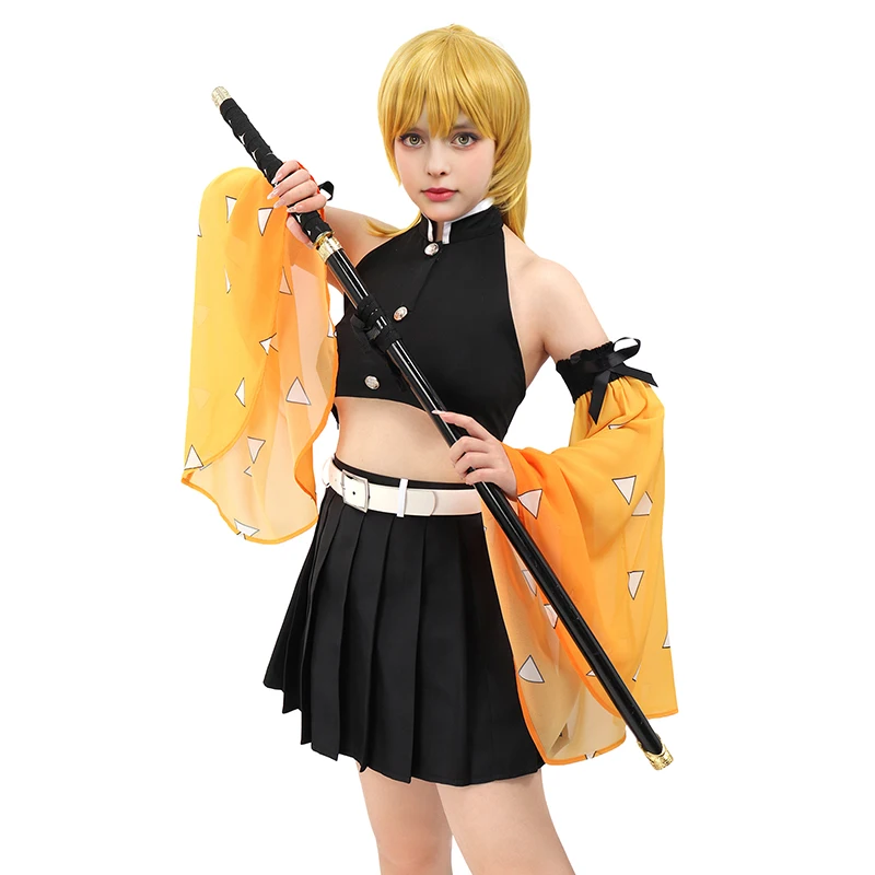 

DAZCOS Women's Zenitsu Cosplay Top Pleated Skirt Detachable Sleeves with Belt Female Costume