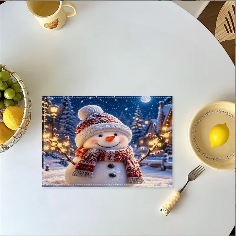 VIKAMA Linen Placemats Nutcracker Snowman Red Green Cream, Stain Resistant Easy to Clean, Dining Table Holiday Decor