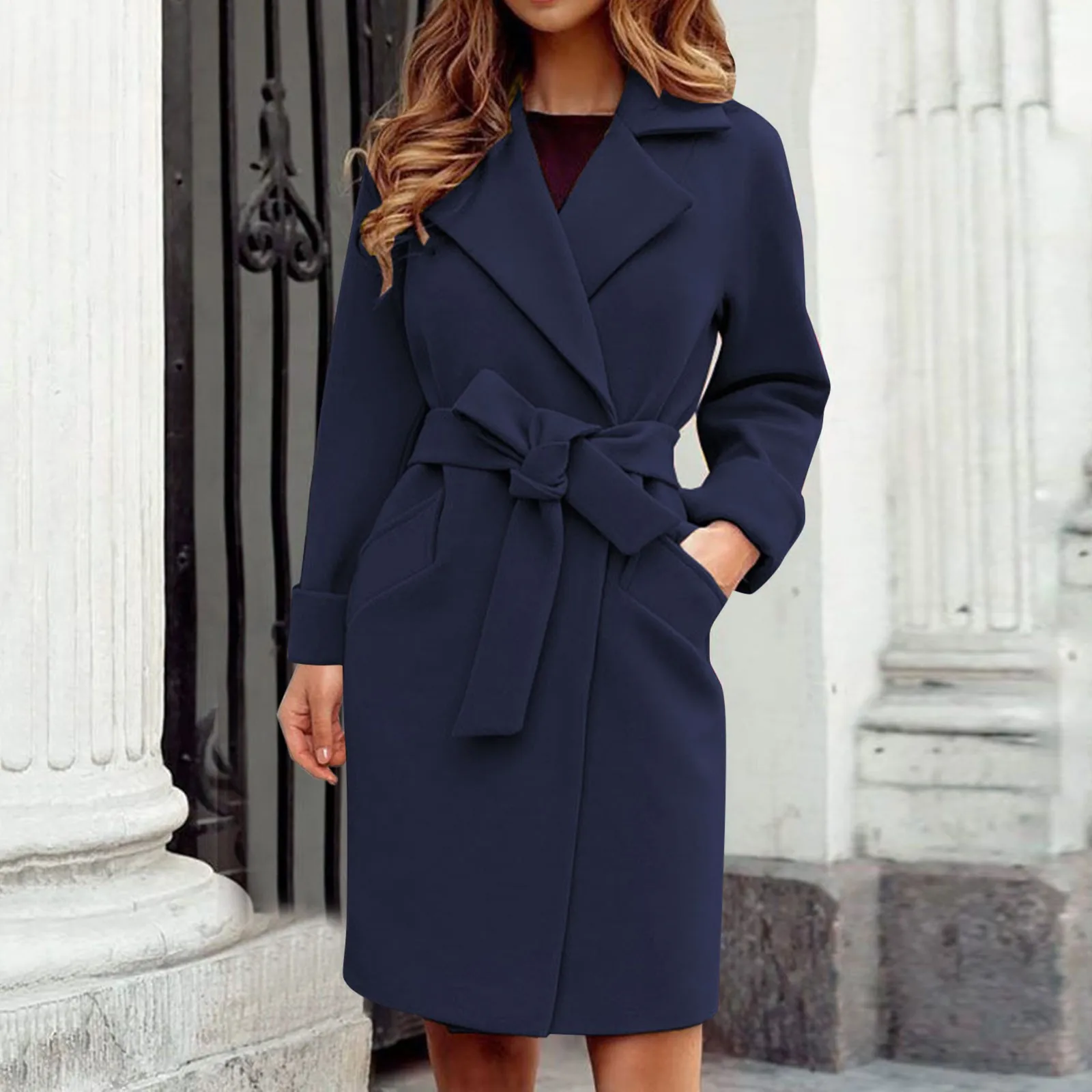 

Women Peacoat Trench Coat Casual Mid Long Overcoat Lapel Open Front Cardigan Outwear Woolen Fleece Winter Coat With Belt