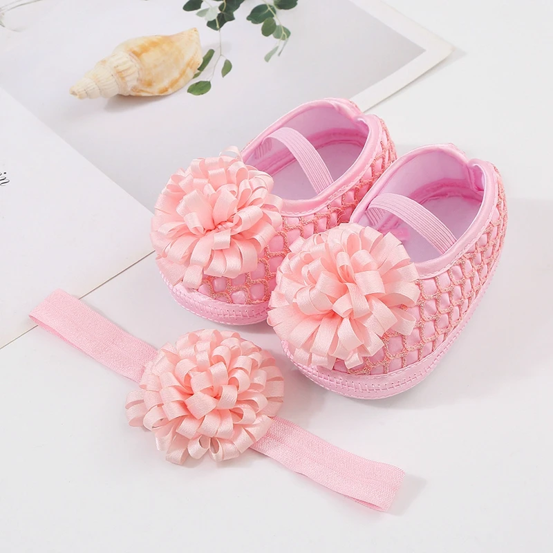 

Baby Girls Princess Shoes and Headband Ribbon Flower Mary Jane Flats Dress Walking Shoes for Newborn Infant Toddler