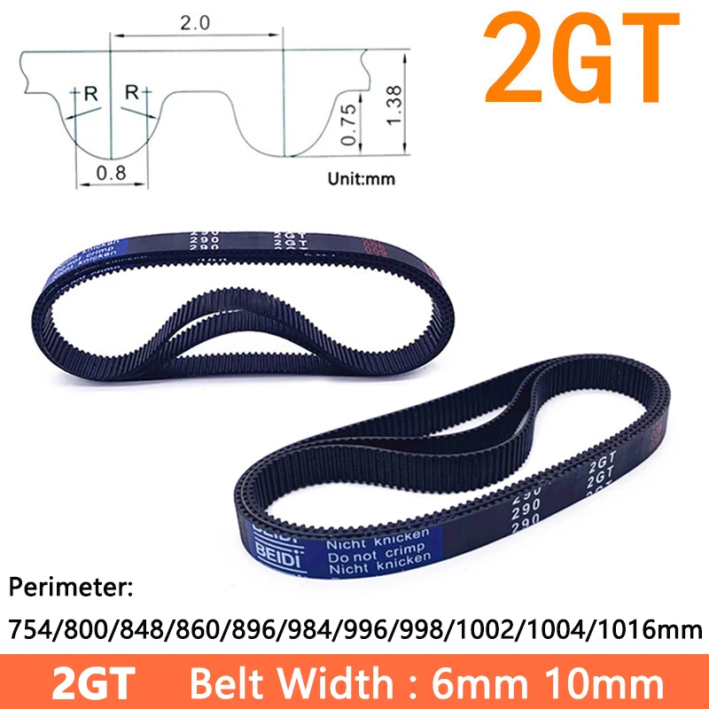 

2GT GT2 Synchronous Timing Belt Perimeter 754/800/848/860/896/984/996/998/1002/1004/1016mm Width 6/10mm Rubber Closed Pitch 2mm