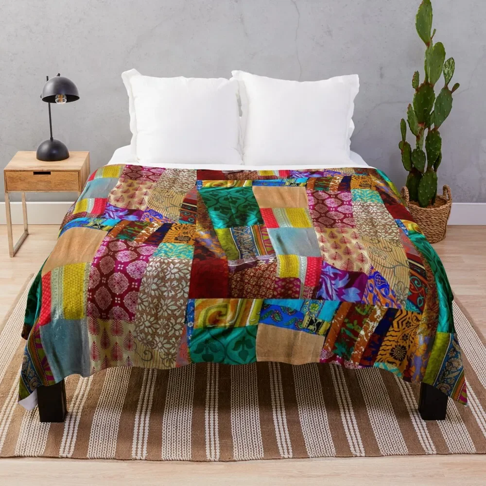 

Kantha Silk India Saries repurposed into Boho Goddess Throw Blanket Portable Lightweight Blanket for Travel Camping
