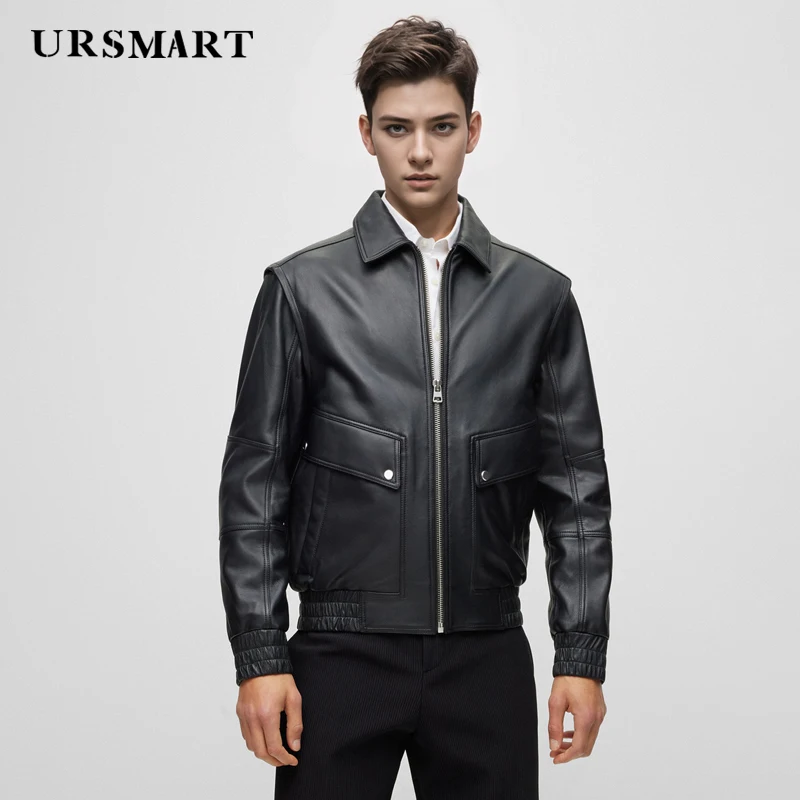 Men's High-Quality Genuine Leather Jacket - Sheepskin Custom Black Cowhide Lapel Collar Autumn & Winter Design