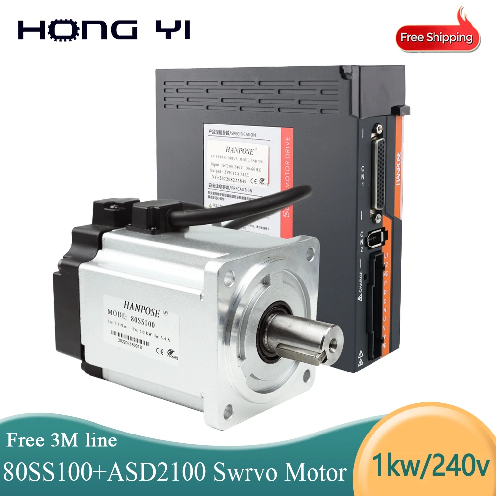 

AC200-240 5.4A 3.3N.m 80SS100 ASD2100 Servo Driver+3M Encoder Cable Woodworking CNC Router 1000W ac Servo Motor drive Kit