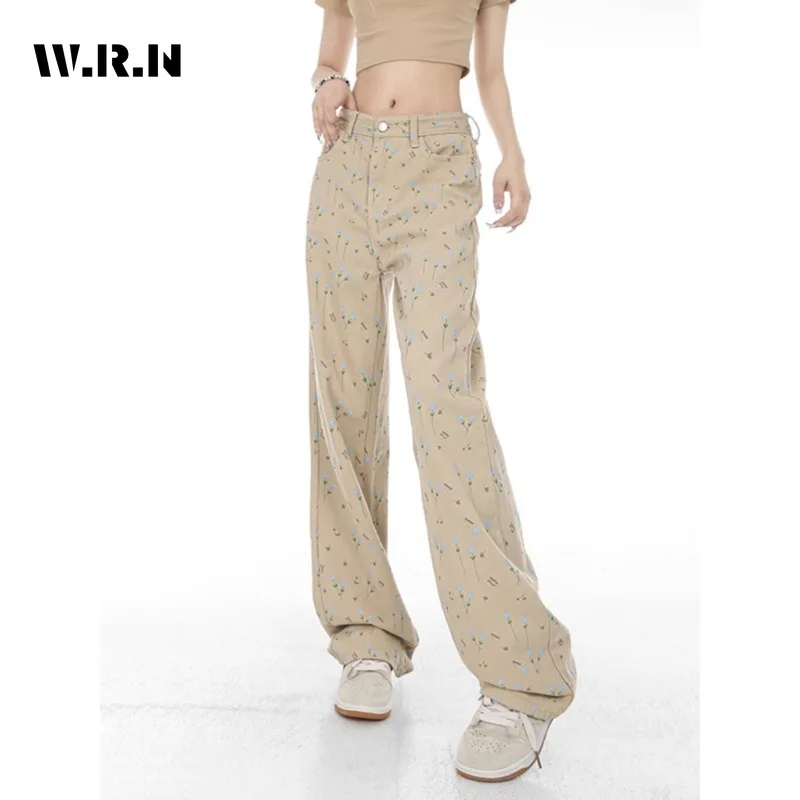 

Vintage High Waist High Street Style Floral Print Straight Jeans Pants Korean Fashion Women's Wide Leg Baggy Y2K Denim Trouser