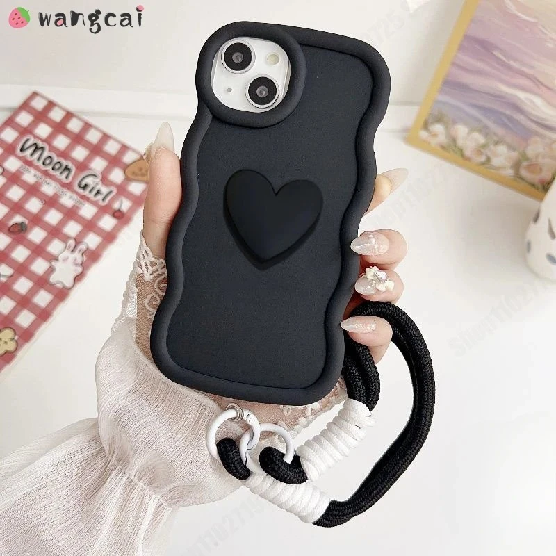 For Redmi Note 14 13 12 11 Pro Plus 12S 11S Pro+ 5G 4G Phone Case 3D Wave Cute Love Heart Soft Casing With Lanyard