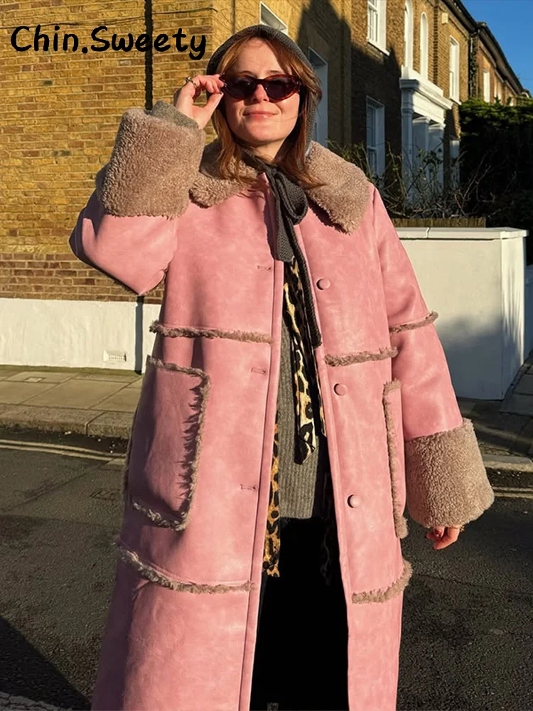 Elegante dames nepbont patchwork leren jas losse revers volledige mouw enkele rij knopen overjas 2025, herfst winter dame uitloper