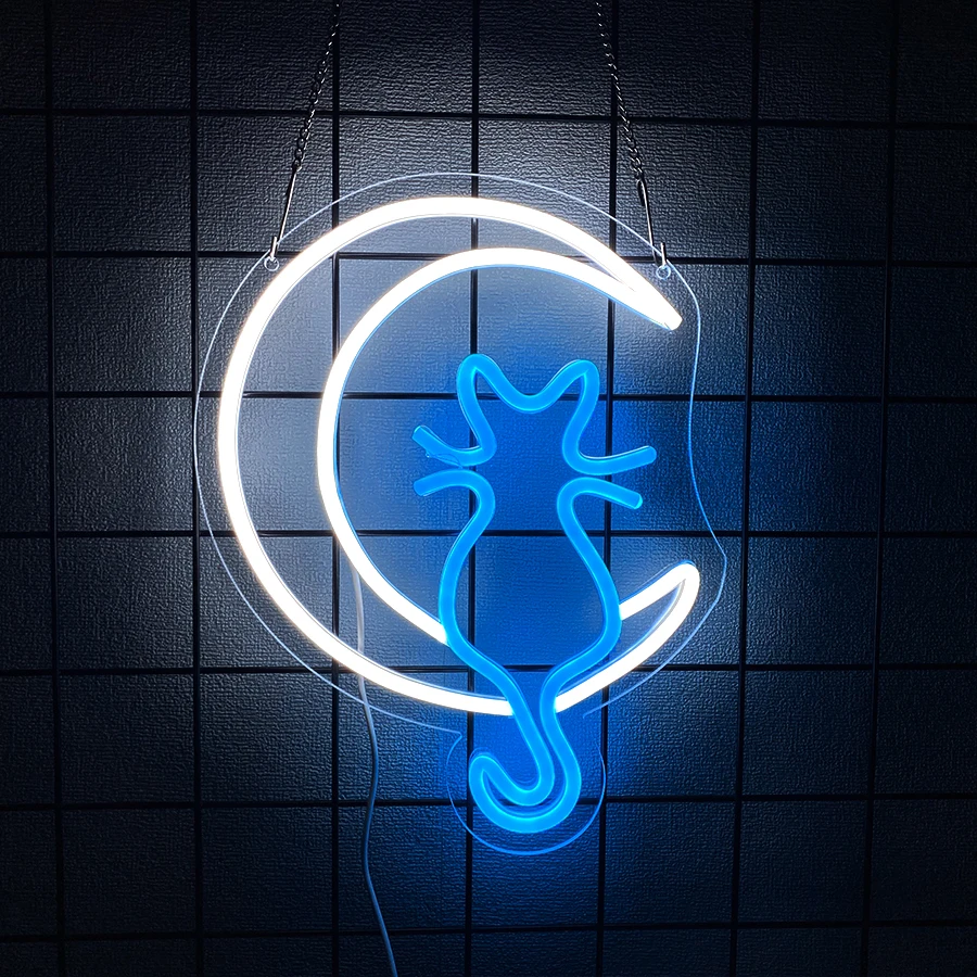 Home Office Icon - Animation Neon Sign, Moon And Cat