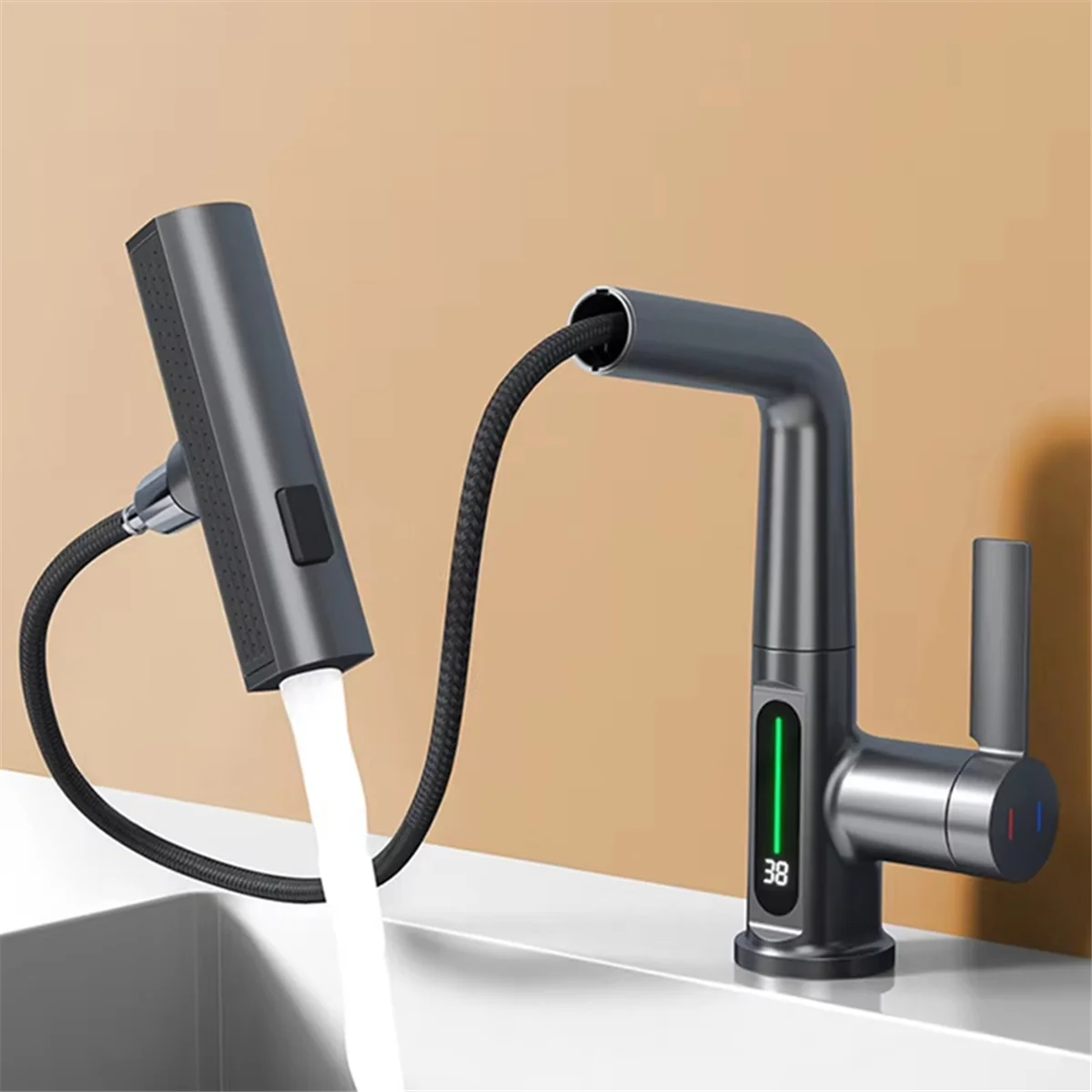 A44U Waterfall Basin Faucet Pull-Out Kitchen & Bathroom Faucet Rainfall Temperature Digital Display No Battery Gunmetal Color