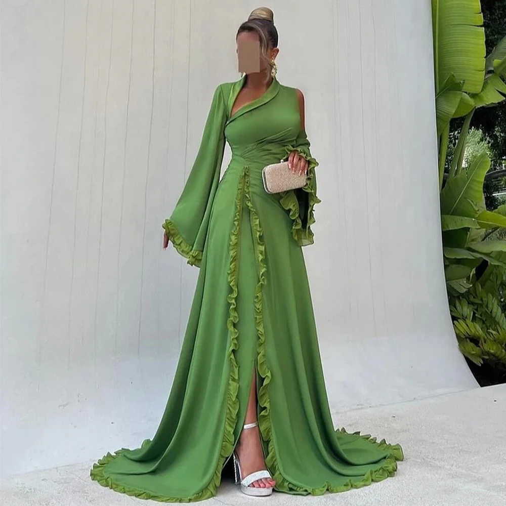 Flechazo Customized Evening Dress Green A-Line Long Flare Sleeves with Ruffles Side Slit Women Pleat Party Gowns Open Back