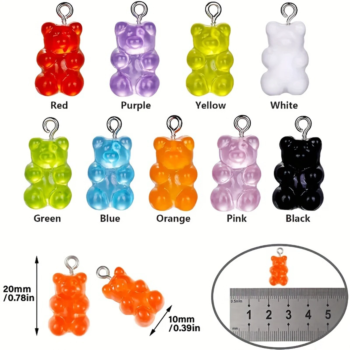 20 piezas de joyería de Gummie de oso de peluche de caramelo colorido, colgante Diy, collar de pendientes lindo, descubrimiento creativo 20x10mm