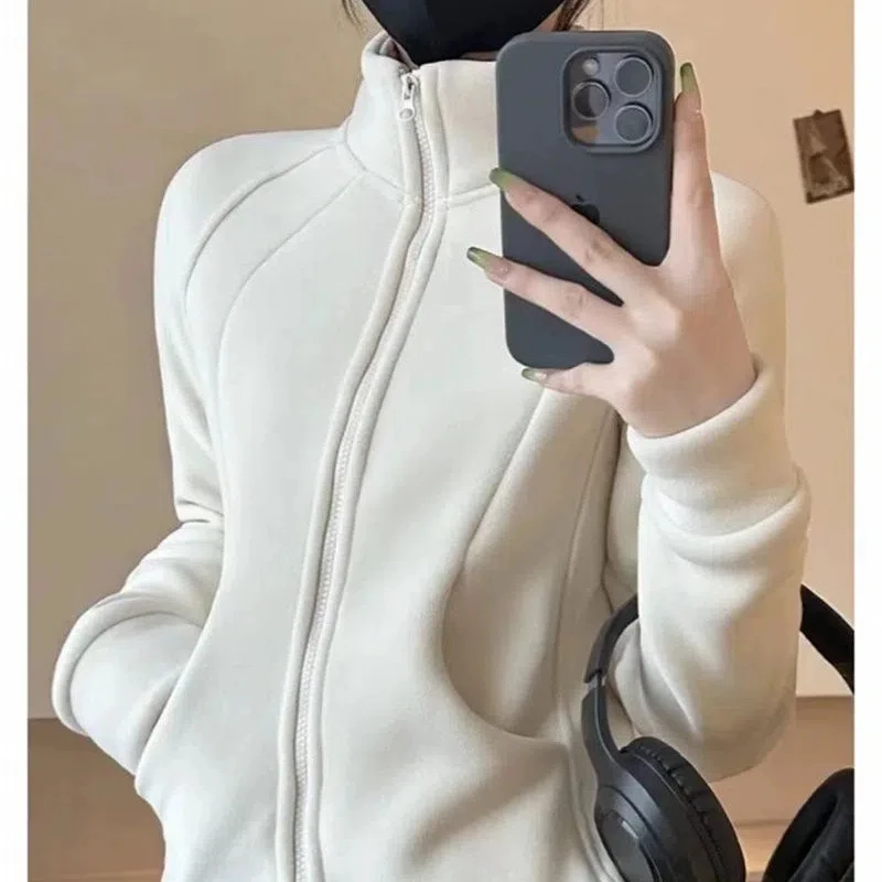 Autumn Winter Thickened Fleece Warm Three-dimensional Cut Zipper High Neck Hoodie Women's Clothing Versatile Baseball Jersey Top