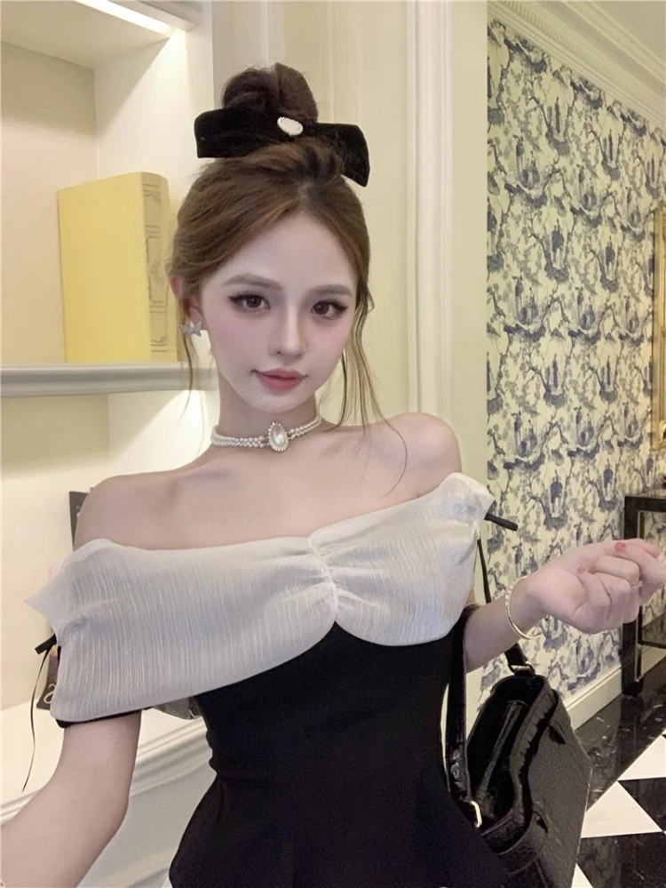 Ezgaga Blouse Women Bowknot Ribbon Slash Neck Off Shoulder Ruffles Patchwork Backless Crop Tops Sweet Elegant Shirts Female