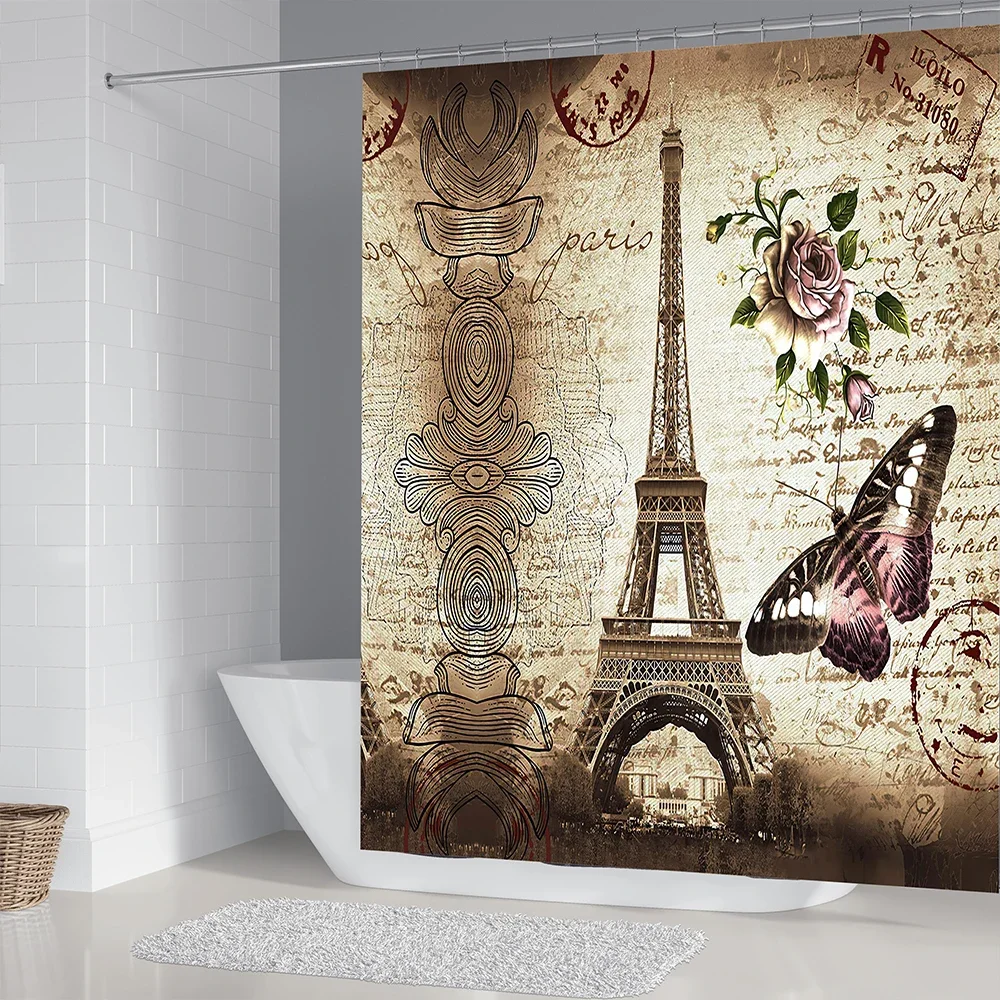 Paris Shower Curtain, Brown Vintage Eiffel Tower Shower Curtain, Fabric Flower Bathroom Shower Curtains with 12 Hooks