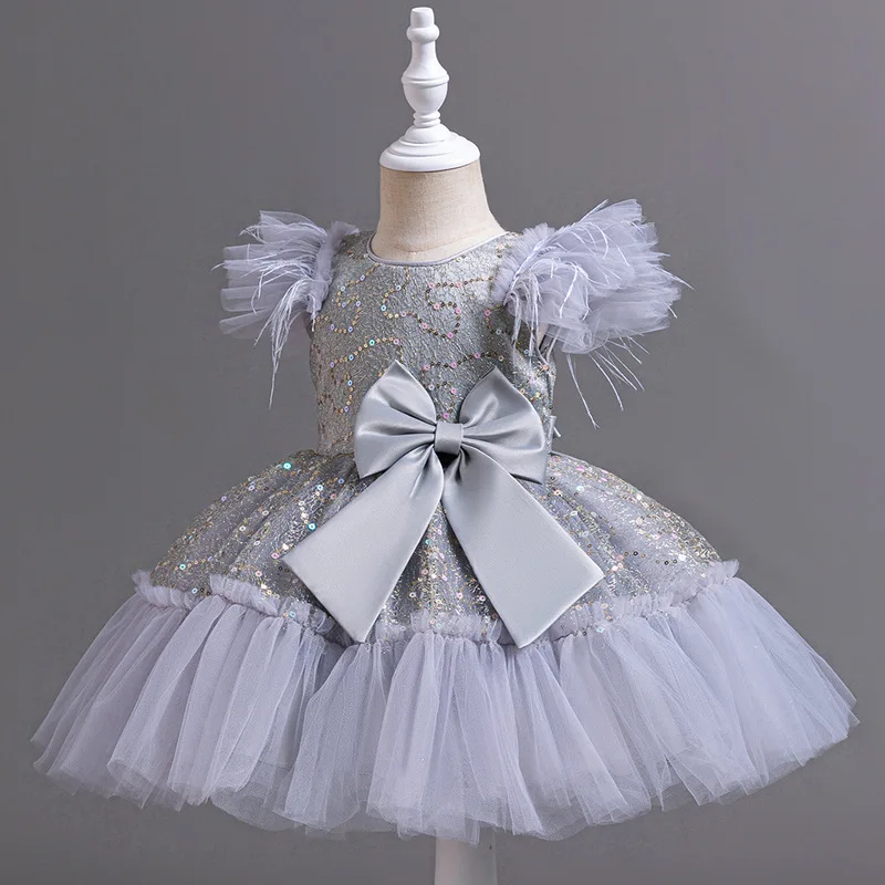 Robe de soirée princesse à paillettes pour enfants, design à volants en plumes à la mode, mariage, anniversaire, baptême, Pâques, fête de l'Aïd, robe de fille