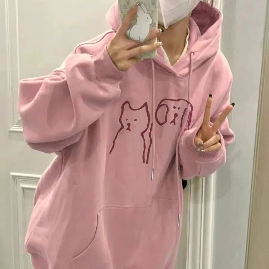 

Retro Pink Cotton Hoodie Hoodie Women Spring And Winter Super Good-Looking New High-Grade Fashion Trend Loose Coat Top Clothing