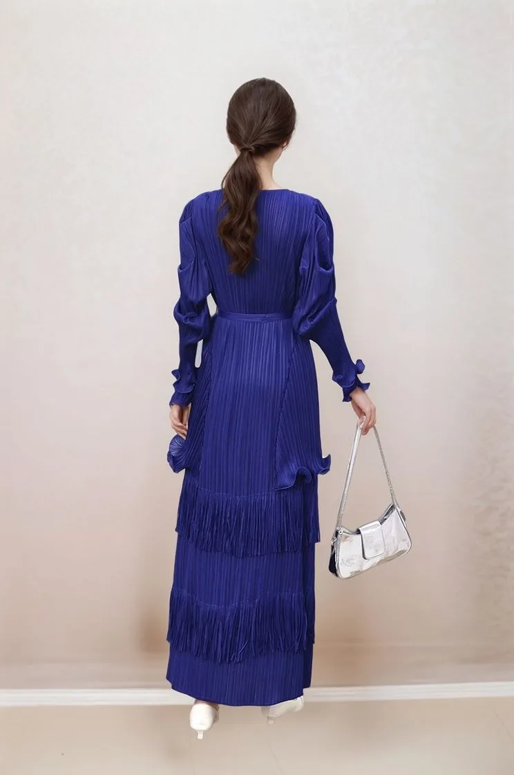 Vestido plissado de designer para mulheres, vestido de manga comprida em camadas com acabamento em renda e franjas, moda boêmia, vestido de noite plissado