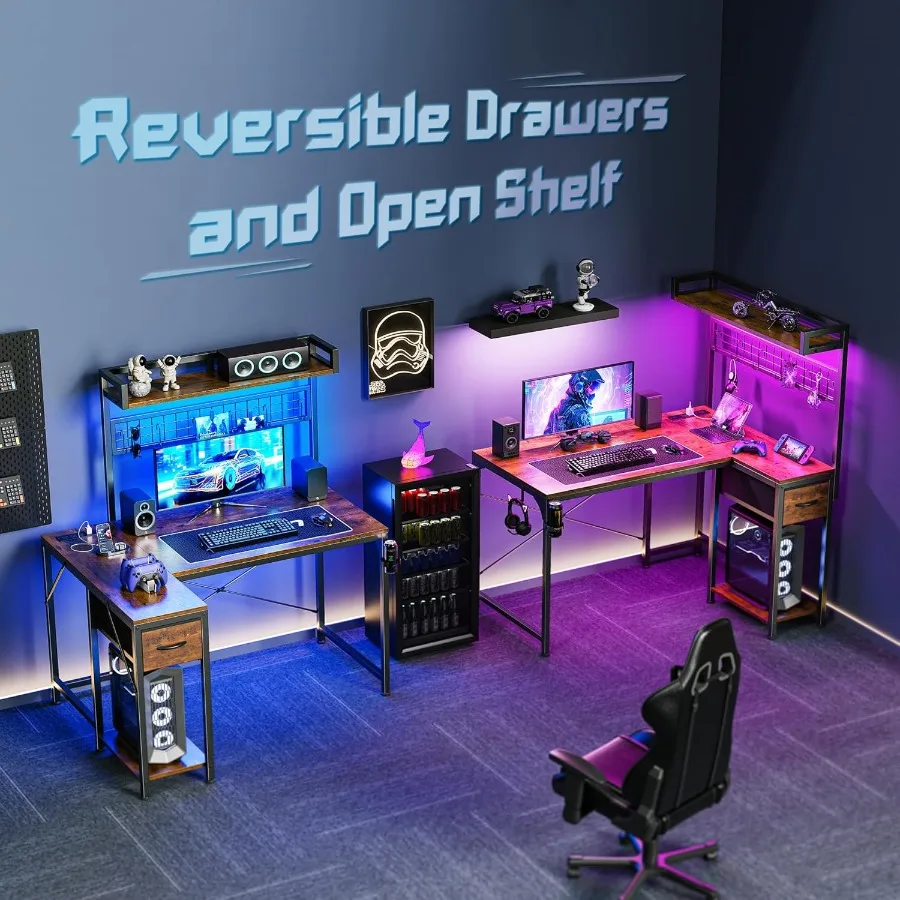 مكتب ألعاب على شكل حرف L مع أرفف طاولة كمبيوتر زاوية تتميز بمصابيح LED ومنافذ طاقة مدمجة ومنافذ USB مقاس 42 بوصة Rever