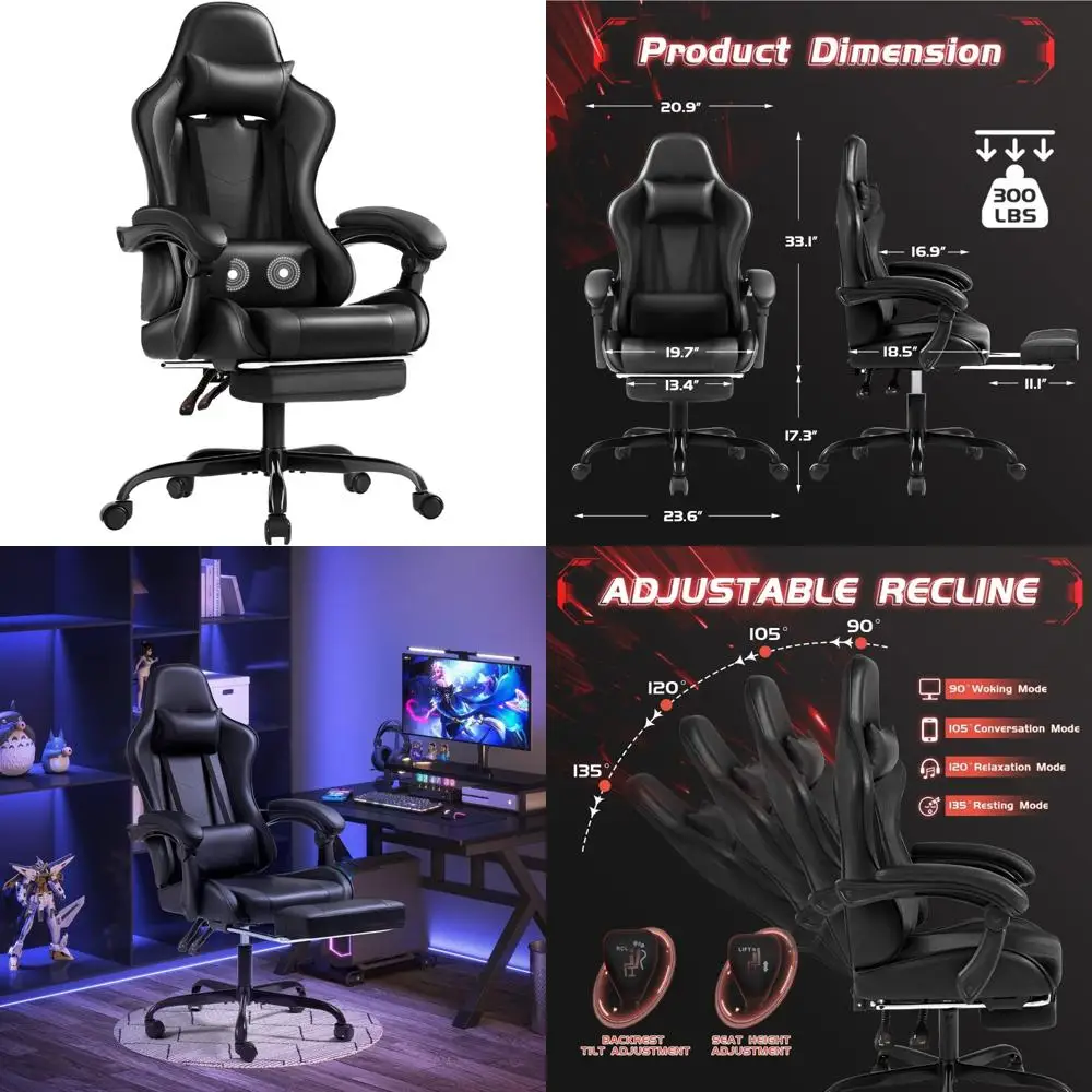 

Ergonomic Massage Lumbar Support Gaming Chair with Footrest, 360° Swivel and Height Adjustable Seat for Comfortable Computer Use