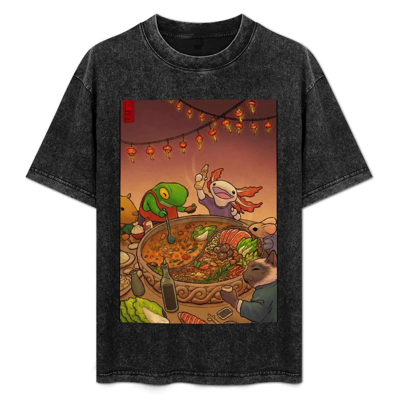 Asian Hotpot Night with Cute Frog, Axolotl, Cat, Mouse, and Capybara T-Shirt aesthetic clothes summer clothes men t shirts