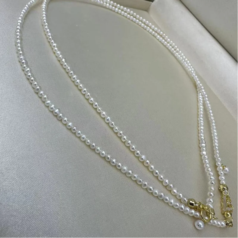 Natural Freshwater Pearl Necklace 2.5-3mm Nearly round Almost Delicate Small Beads Sterling Silver Adjustable