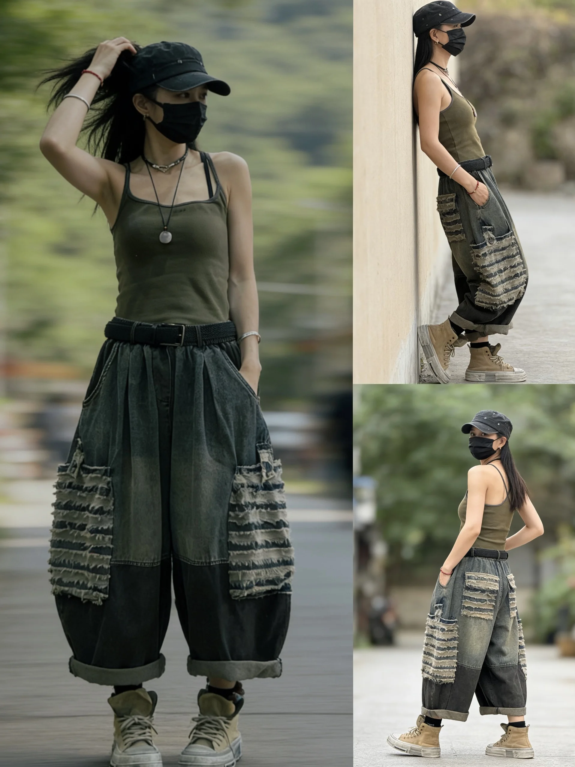

Retro Distressed Workwear Jeans Women Summer New Loose Personality Patchwork Color Block Wide Leg Pants Natural Waist