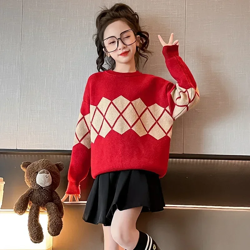 2023 Korean Autumn Winter Junior Girl Knitted Tops Teenager Girl Red Rhombus Sweater Pullover School Girl Thicken Warm Knitwears