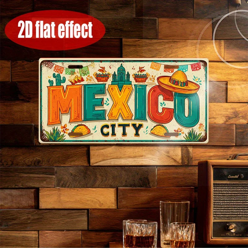 2D Flat Printing, 1pc, Vintage Metal License Plate, Car License Plate Cover, Only for Decoration, Mexico City Fiesta Theme Sign,