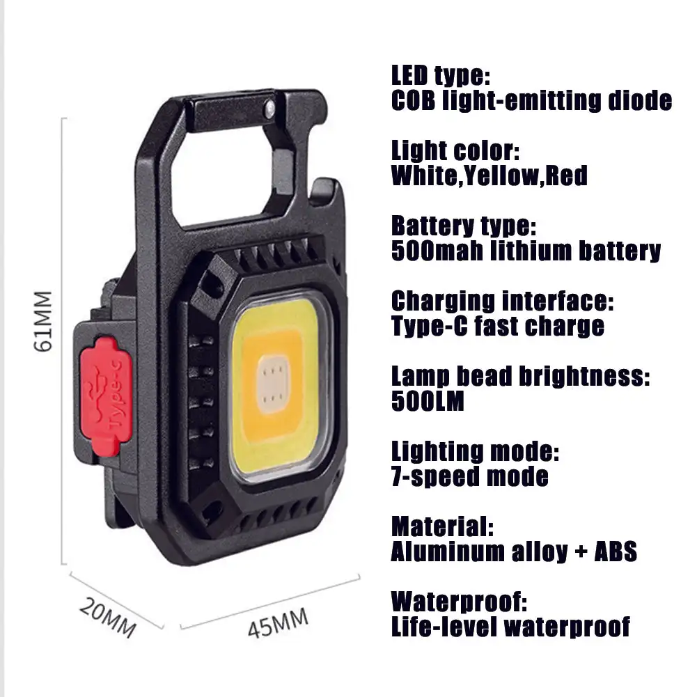 미니 LED 손전등 충전식 키체인 라이트, 접이식 브래킷, 병따개 자석 베이스, 캠핑 비상 COB 라이트