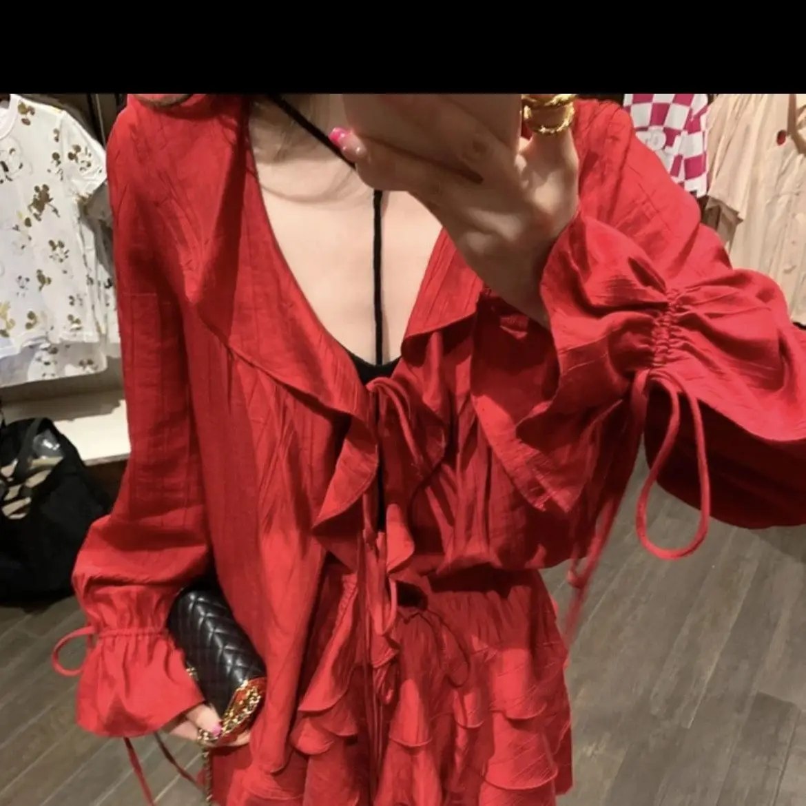 Summer Female Extremely Beautiful Pagoda Sleeve Dress Delicate French Red Dress Texture Ruffled Edge Pagoda Sleeve Cake Skirt