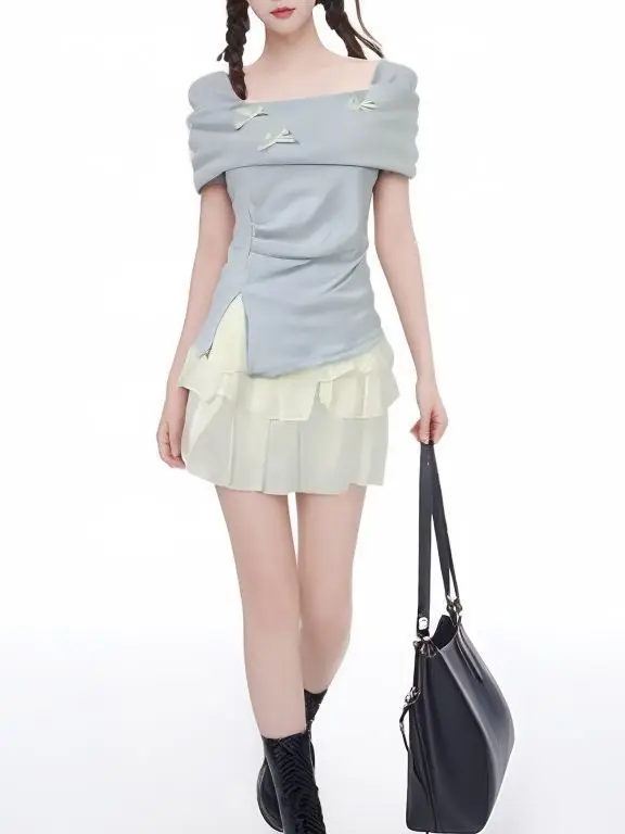 

Spring 2025 Knot Long Sleeve Asymmetrical Slim Fit Pure Desire Style T-Shirt And Cake Short Skirt Fashion Set Women...