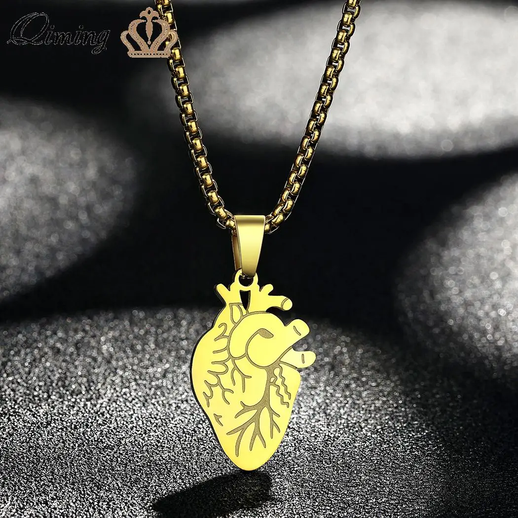 QIMING Handmade Anatomical Human Heart Necklace For Women Stainless Steel Necklaces Pendants Doctor Gift