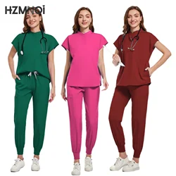 Wholesale Fashion Scrub Suits Hospital Uniform Set Solid Color Hospital Surgical Gown Pocket V-neck Scrubs Set for Women Joggers