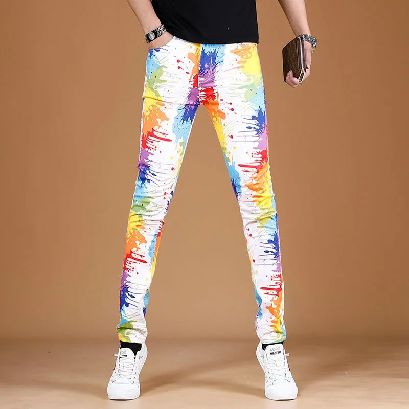 

High Quality Men’s Stretch Denim Pants,Classic Colorful Print Decors Street Jeans,Slim-fit Korea Version Casual Jeans,Cool Jeans