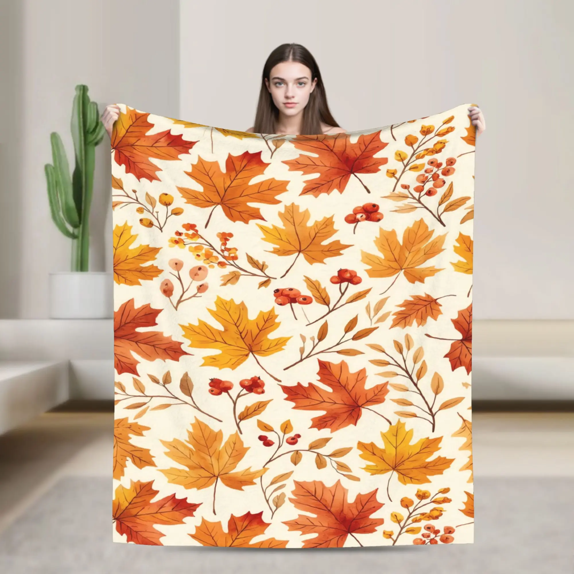 Warm Blanket Picnic Cozy Fall Leaf Print Throw Blanket  Flannel Bedspread For Couch Bed Graphic Sofa Bed Cover