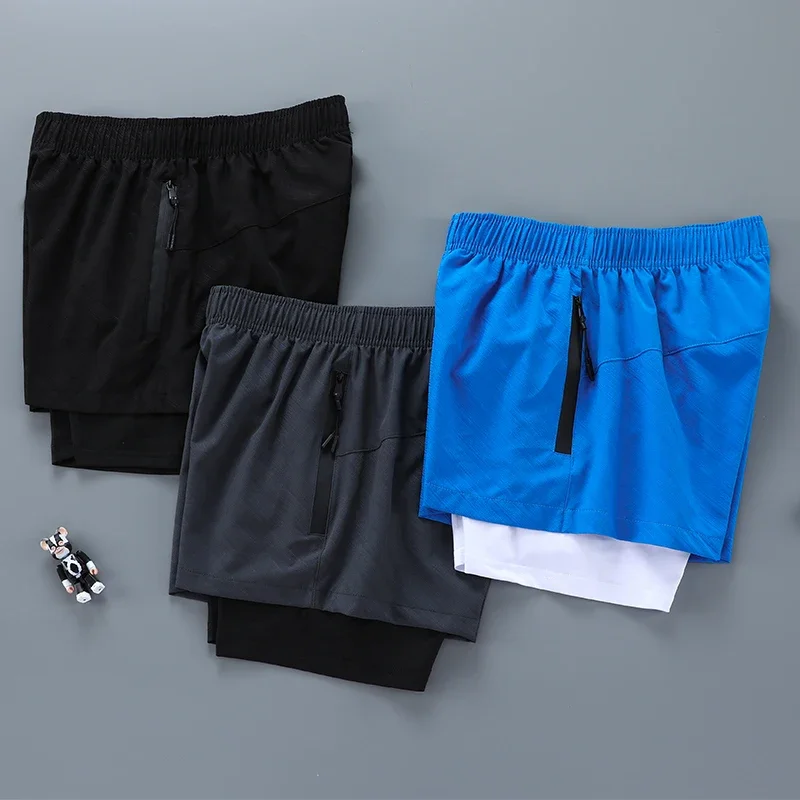 

2 in 1 Men Running Sweatpants with Zipper Pockets Jogging Athletics Sweat Shorts Fitness Double Legging Short Pants