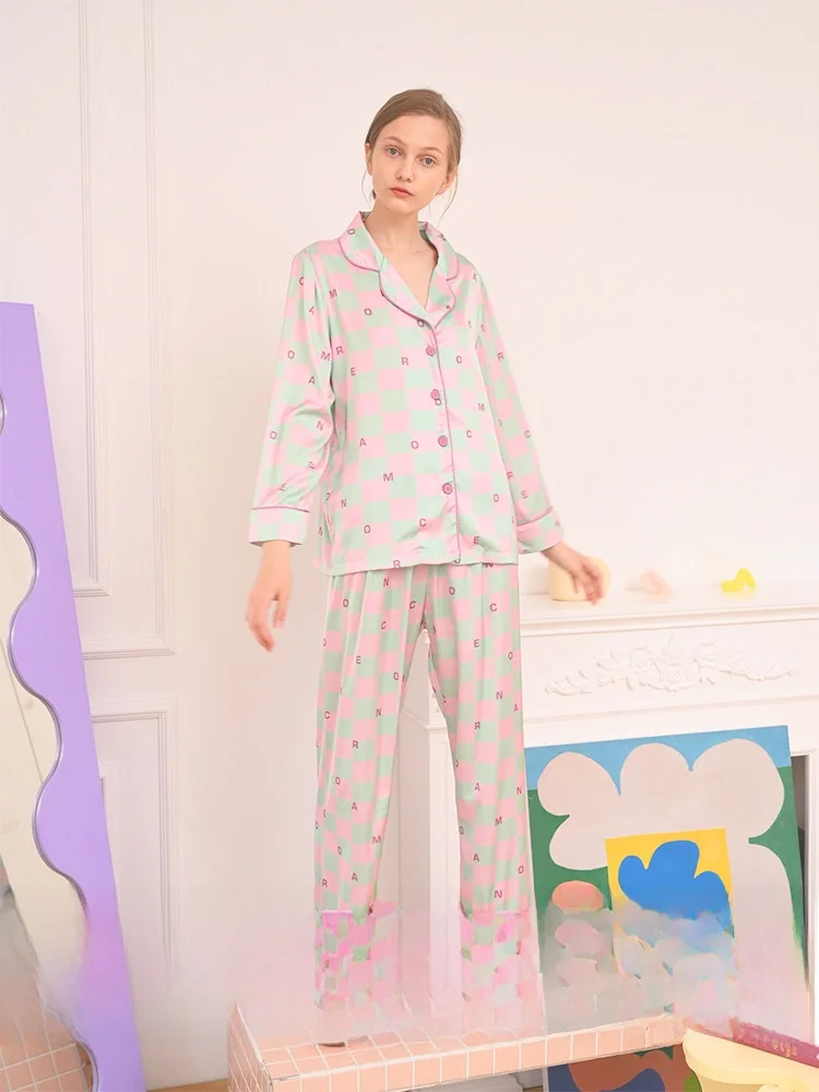RooMance Summer Plaid Ice Silk Sleepwear Set Women's Home Clothes Soft Short Sleeve Loose Fit Sweet Style Fleece Lined
