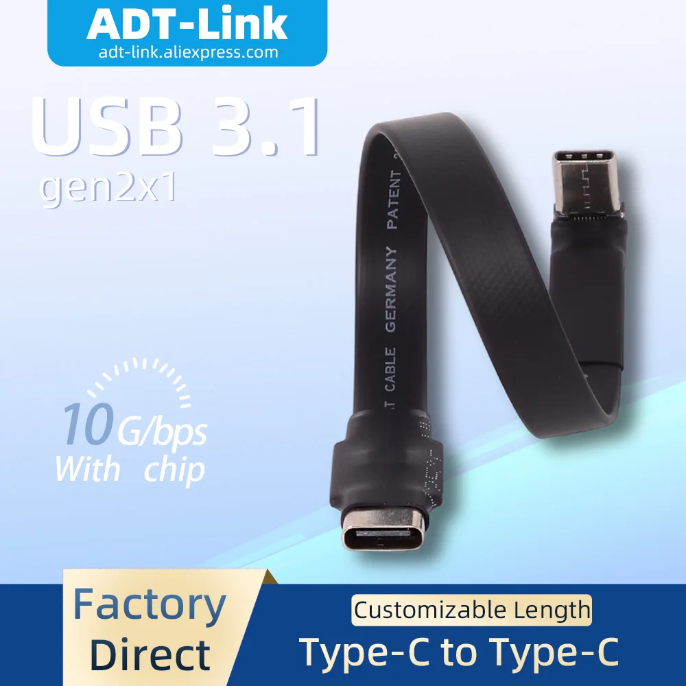 ADT-Link Male to Type-C Female USB C to USB-C USB 3.1 Flat Cable Type-C Flexible Cable 90° Up Downward 10Gbps Built-in Extender